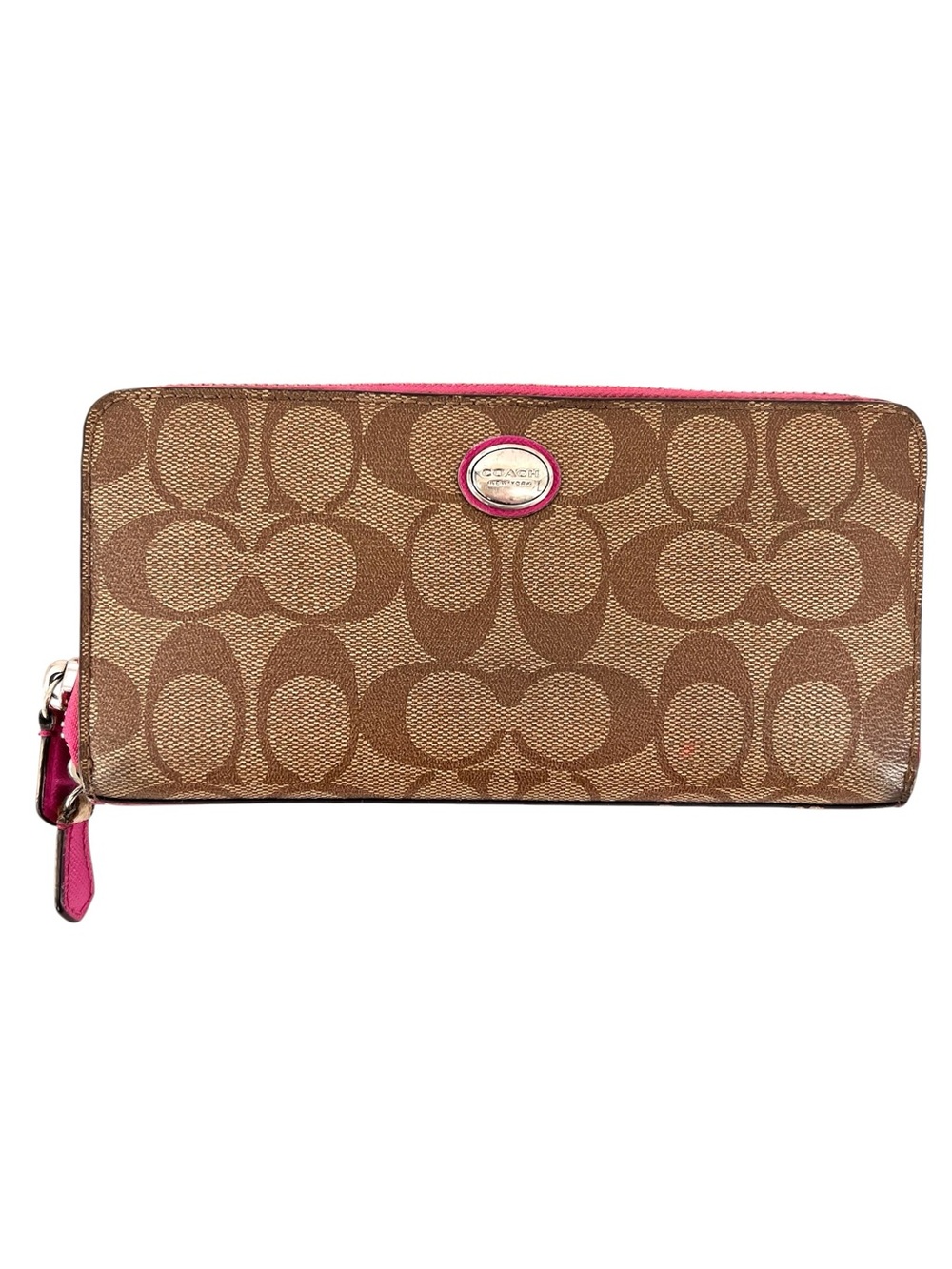 COACH PEYTON SIGNATURE SLIM ZIPPER PVC JACQUARD WALLET KHAKI PERSIMMON Pink